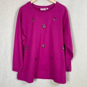 Quacker Factory Womens Rhinestone Beaded Sweatshirt Size 1X Gems Pink Vibrant